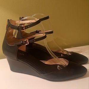 Cole Haan Black Leather Wedge Pumps with Gold Buckles